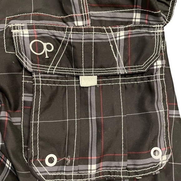 OP Black White Red Board Shorts Swim Trunks Windowpane pattern mesh lining Med - Picture 7 of 13